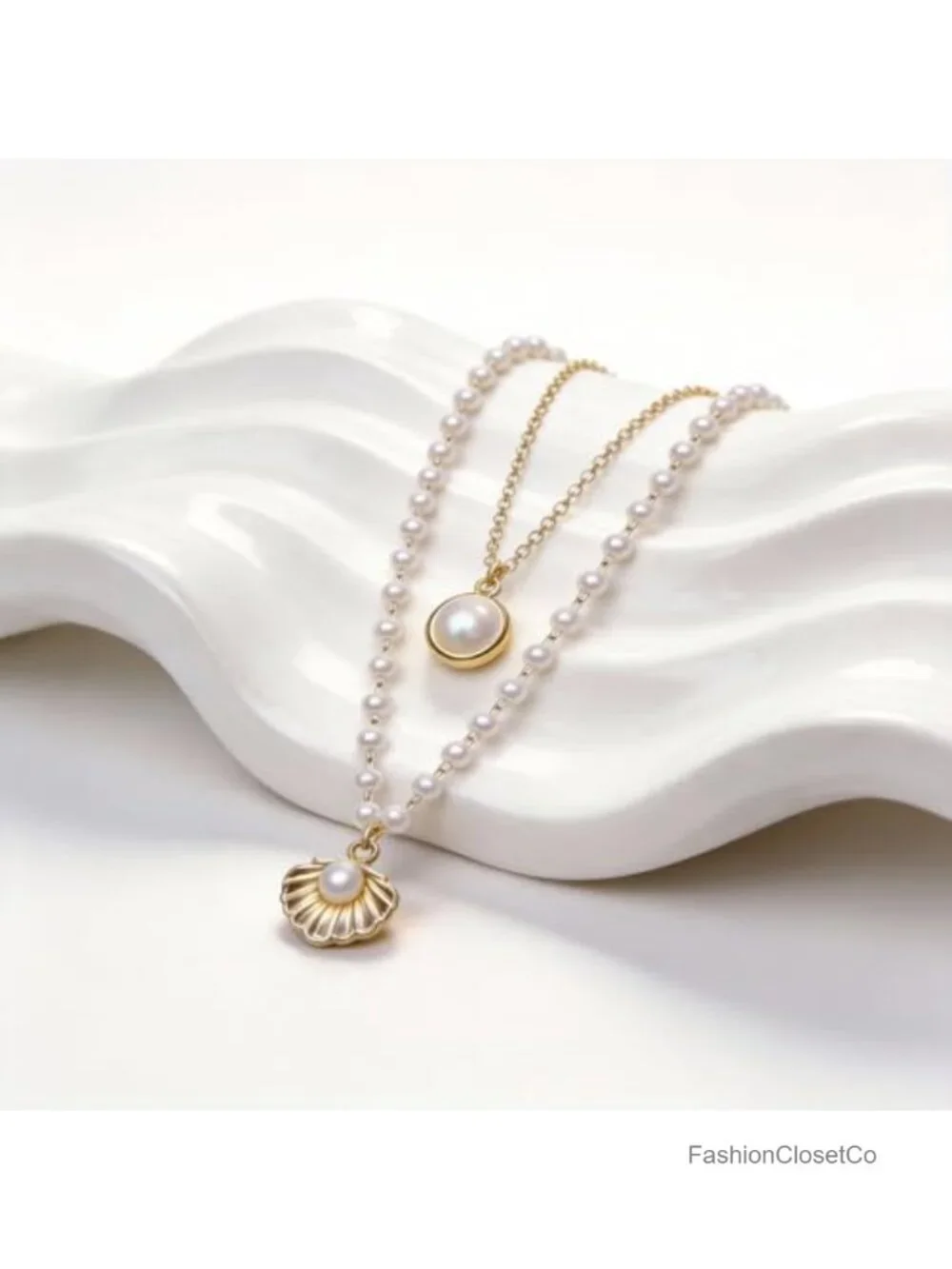 Layered Pearl Shell Necklace Women Boho Coastal Dainty Gold-tone Charm Jewelry